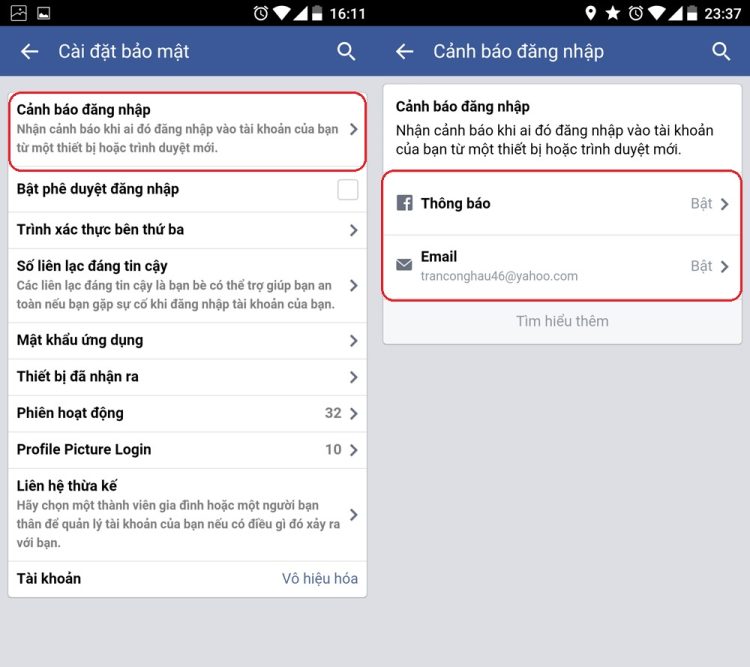 Bật thông báo về những lần đăng nhập lạ của tài khoản Facebook