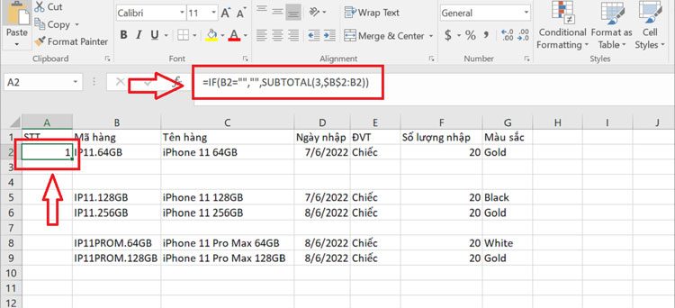 Cách đánh số thứ tự bỏ qua ô trống trong Excel 1