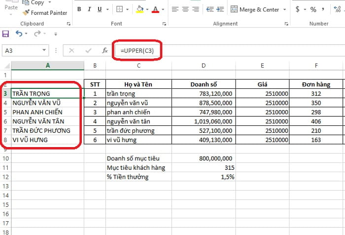 Cách đổi chữ thường thành chữ hoa trong Excel bằng hàm UPPER