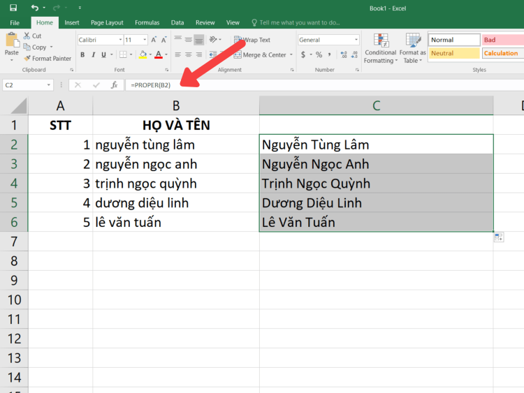 cách đổi chữ thường thành chữ hoa trong Excel