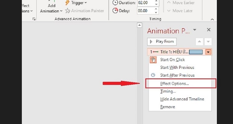chọn Effect Options