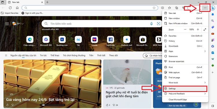 Mở cài đặt Microsoft Edge