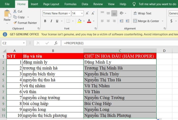 Đổi chữ thường thành chữ hoa trong Excel bằng hàm PROPER