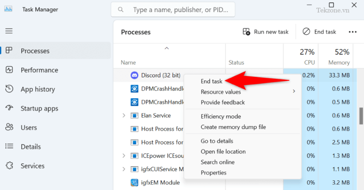 Đóng Discord trong Task Manager và khởi động lại ứng dụng 