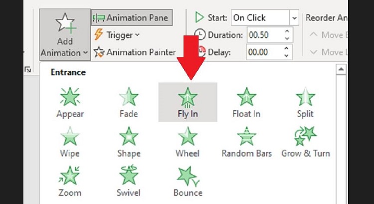 Chọn hiệu ứng fly in