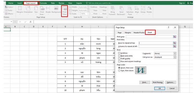 Cách giữ hàng cố định trong Excel khi in bước 1