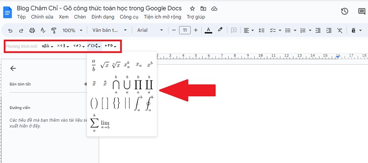 Gõ công thức toán học trên Google Docs bước 3