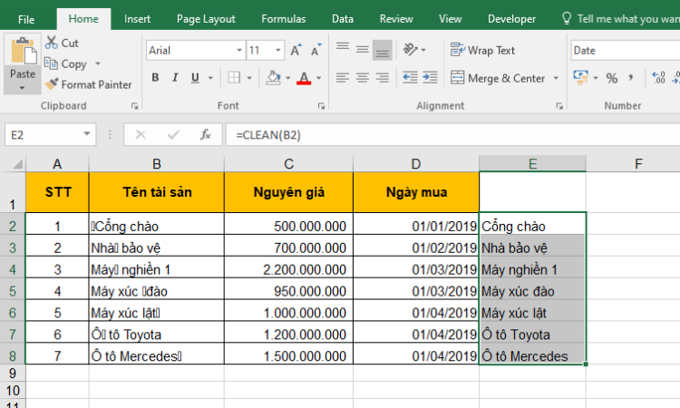 Hàm Clean trong Excel