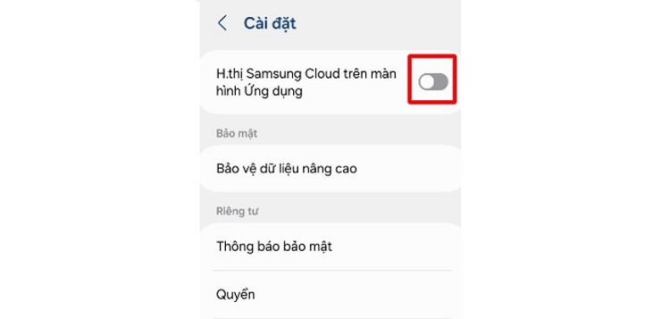 hiển thị Samsung cloud trên màn hình ứng dụng