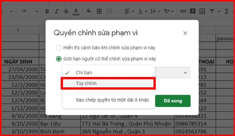 khóa tính năng chỉnh sửa nội dung trong Google Sheets