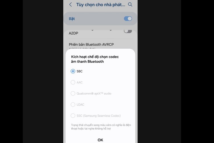 Kích hoạt chế độ chọn code âm thanh Bluetooth