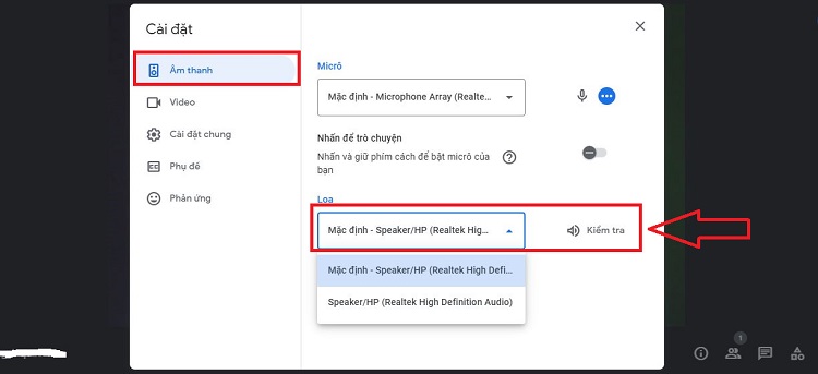 Kiểm tra cài đặt âm thanh Google Meet