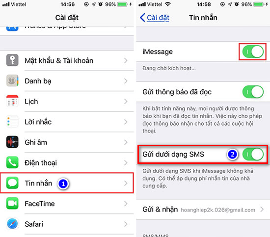 Kích hoạt gửi tin nhắn SMS trên iPhone