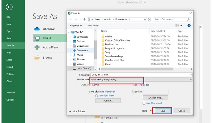 Lưu file Excel dưới định dạng HTML