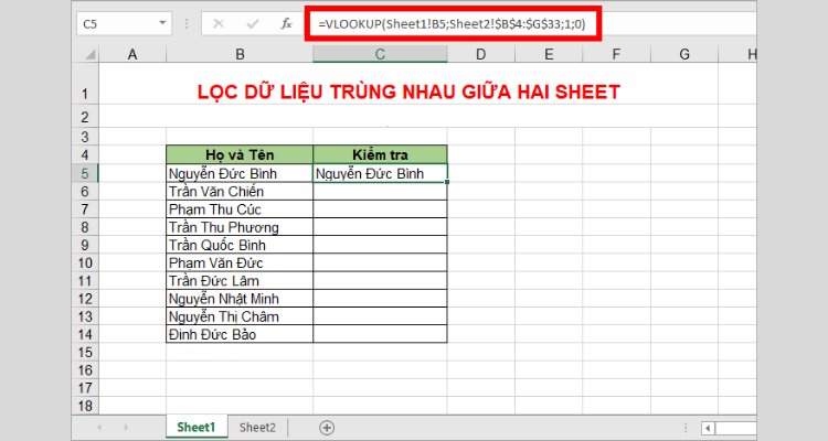 Sử dụng hàm VLOOKUP để tìm dữ liệu trùng nhau