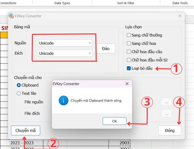 Sử dụng phần mềm EVkey để bỏ dấu trong Excel