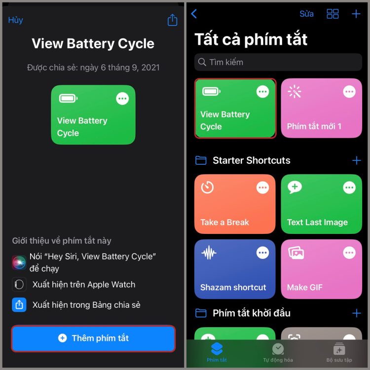 Sử dụng phím tắt View Battery Cycle