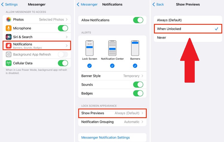 Tắt hiển thị tin nhắn Messenger iPhone trong Cài đặt