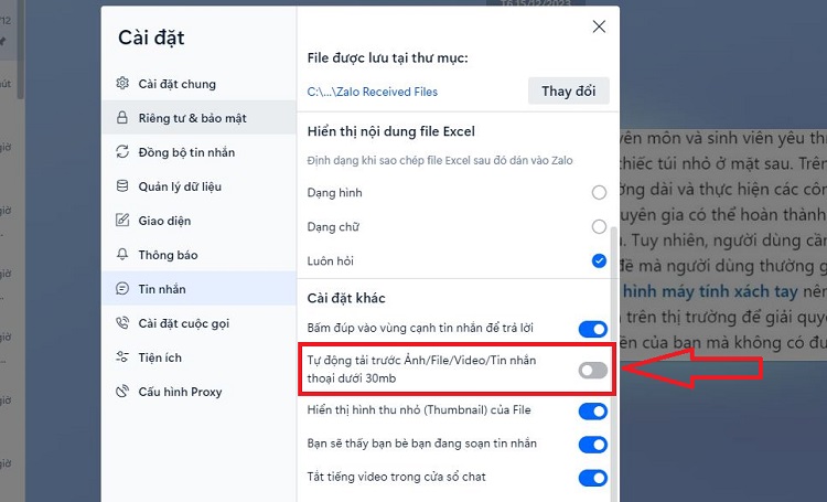 Tắt tự động lưu ảnh Zalo trên máy tính
