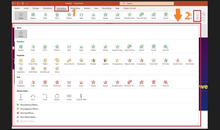 Vào Animations chọn mở rộng hiệu ứng