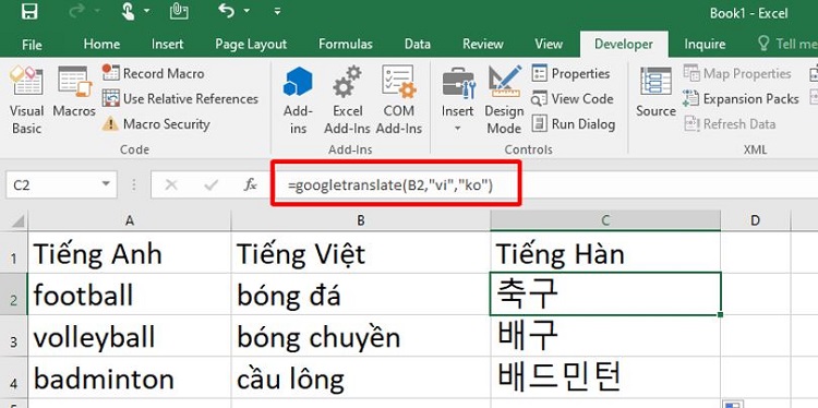 Ví dụ hàm GOOGLETRANSLATE trong Excel 2