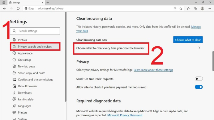 Xóa dữ liệu web Microsoft Edge